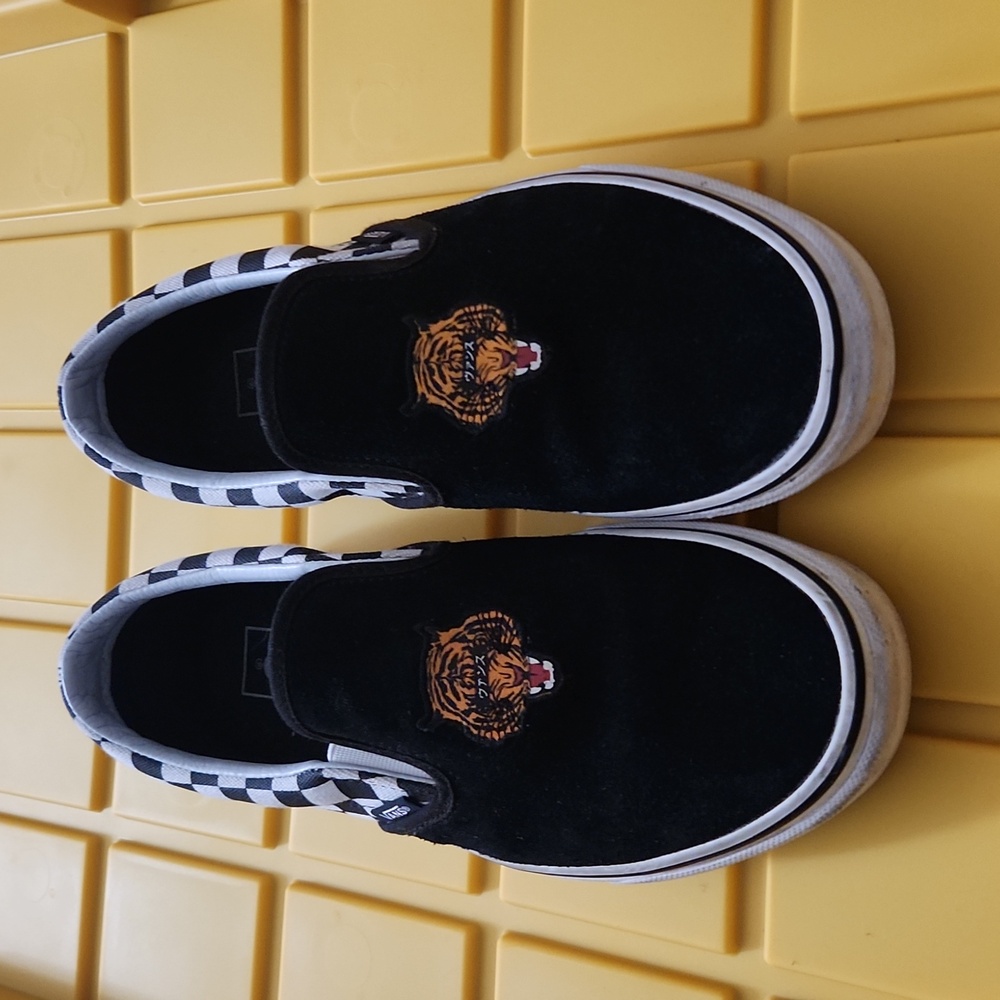 Vans Japanese Tiger Checkered Slip Ons Mens size 9.0 500714 Black White Orange